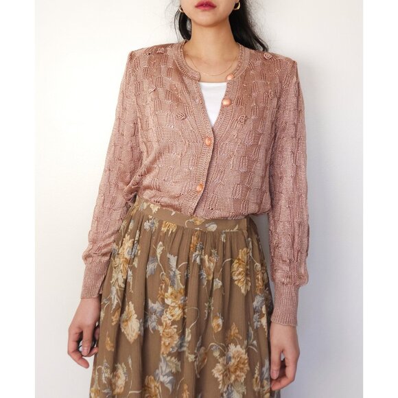 90s vintage silk pointelle embroidered knit cardigan dusty pink - Picture 3 of 13